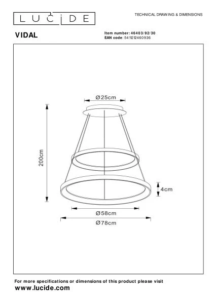 Lucide Premium VIDAL - Hanglamp - Ø 78 cm - LED Dimb. - 1x92W 2700K - Zwart - technisch